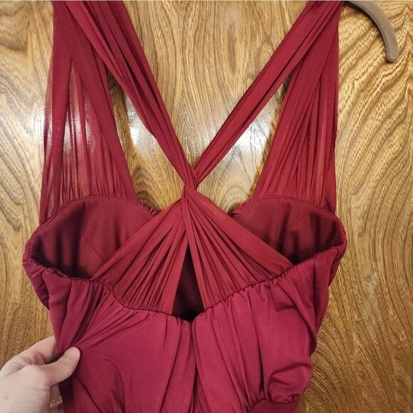 ASOS DESIGN Burgundy Bodycon Halter Mesh Ruched Midi Dress Stretch Women Size 8 - Picture 6 of 9